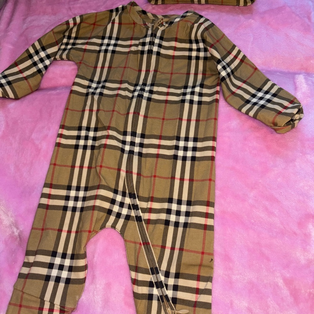 Burberry Tan and Red Footies One Piece